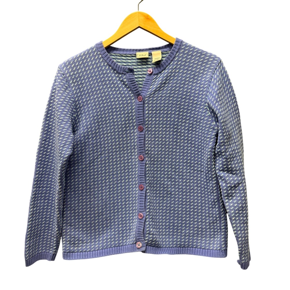 L.L.Bean Cardigan Womens M Birdseye Purple Blue Sweater Button Up Cotton Vintage